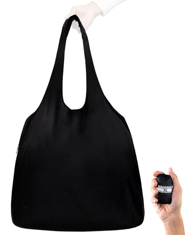 Nanobag Ultralight Heavy Duty Foldable Tote for Women & Men, Reusable Grocery & Travel Bag, Packable Collapsible Compact Market Essential (XL Black)