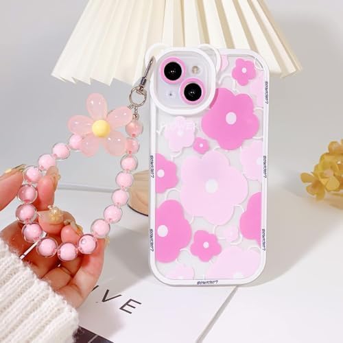 for iPhone 16 Pro Max Case, Cute Clear Blue Floral Bear Camera Lens Case with Lovely Flower Wrist Strap Bracelet Chain for Women Girly,Shockproof Cover-Pink