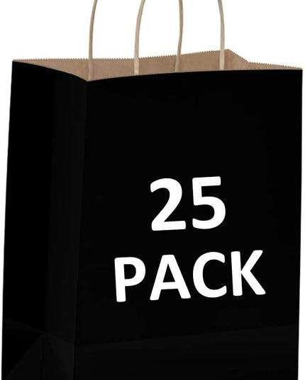 Qutuus Black Gift Bags with Handles - 25 Pcs 8"x4.5"x10" Black Paper Bags, Shopping Bags, Party Bags, Favor Bags, Goody Bags, Cub, Business Bags, Kraft Bags, Retail Bags, Paper Gift Bags