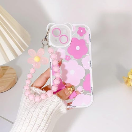 for iPhone 11 Pro Max Case, Cute Clear Blue Floral Bear Camera Lens Case with Lovely Flower Wrist Strap Bracelet Chain for Women Girly,Shockproof Cover-Pink