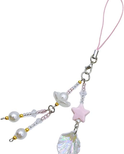 Beaded Phone Strap Charm Shell Pendant Keychain for Women, Holographic Shell Beads Cellphone Chain Lanyard Accessory for Bags and Keys, Fresh Summer Design Phone Charm Decor