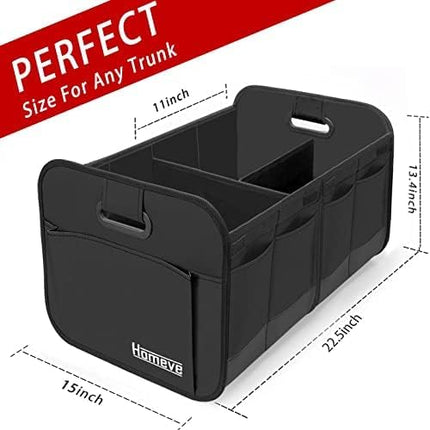 Homeve Trunk Organizer, Car Storage, Reinforced Handles, Collapsible Multi-Compartment, Foldable, Waterproof, Sturdy, 600D Oxford Polyester For Car, SUV, Mini-Van, Black, 2 Compart