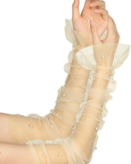 Women's Long Bridal Wedding Tulle Glove Mesh Fingerless Gloves Pearl 1920 Opera Tea Party Sheer Gloves