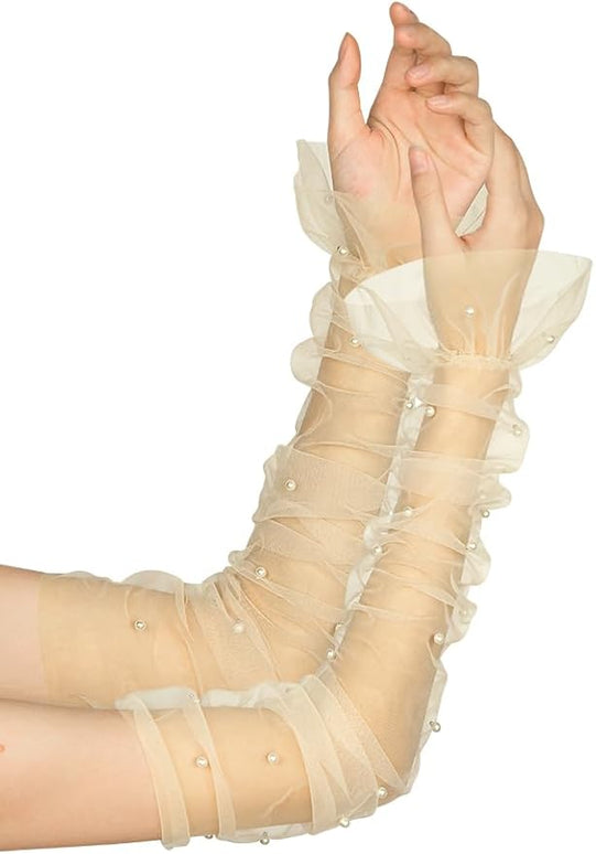 Women's Long Bridal Wedding Tulle Glove Mesh Fingerless Gloves Pearl 1920 Opera Tea Party Sheer Gloves