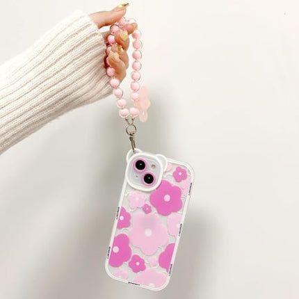 for iPhone 13 Pro Max Case, Cute Clear Blue Floral Bear Camera Lens Case with Lovely Flower Wrist Strap Bracelet Chain for Women Girly,Shockproof Cover-Pink