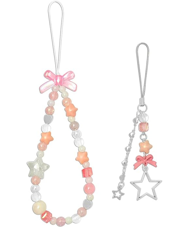 2 Pack Phone Charms, Cute Aesthetic Beaded PhoneCharm Strap Phone Lanyard String PhoneChain Accessories for Bag Keychain Airpods Camera Pendants
