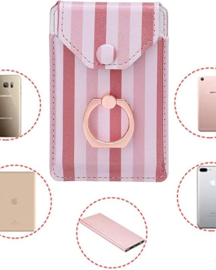 RFID Ring Stand Stick on Wallet Card Holder for Back of Phone for iPhone Android and All Smartphones Adhesive Credit Card Holder for Cell Phone-Pink Striped