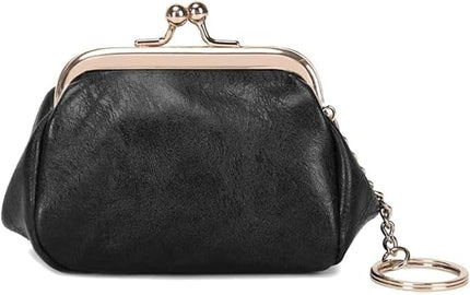 Genuine Leather Wallet Retro Kiss Lock Change Pouch Portable Coin Purse Key Case for Women Gift Box Black (Black)