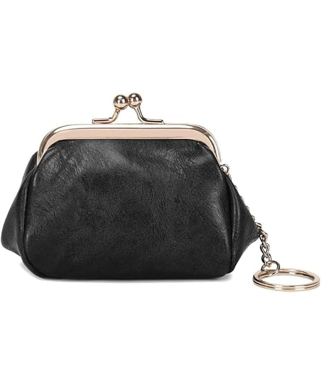 Genuine Leather Wallet Retro Kiss Lock Change Pouch Portable Coin Purse Key Case for Women Gift Box Black (Black)