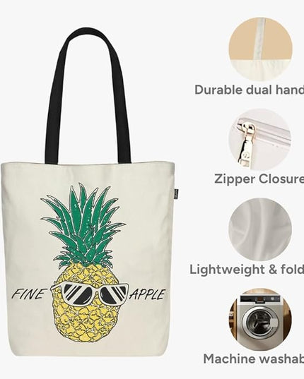 Ecoright Tote Bag for Women with Zipper, Small Tote Bag, Canvas Bag, Reusable Cotton Bag for Beach, Grocery, School & Work