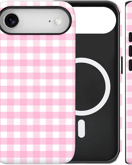 Magnetic for iPhone 17 Air Case Cute Checkered Stripes Phone Case for Women Girls, Shockproof Slim TPU and Hard PC Protective Phone Cover Compatible with MagSafe Designed, Pink