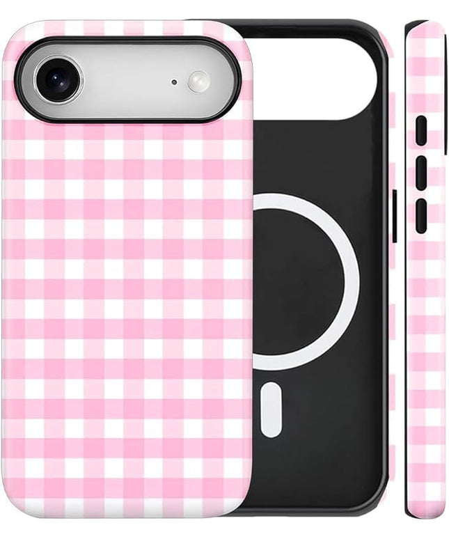 Magnetic for iPhone 17 Air Case Cute Checkered Stripes Phone Case for Women Girls, Shockproof Slim TPU and Hard PC Protective Phone Cover Compatible with MagSafe Designed, Pink