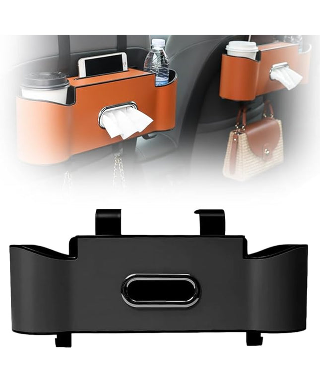 3-in-1 Car Backseat Organizer, 2026 New Multifunctional Back Seat Car Organizer with Cup Holder, Tissue Box, Trash Bin & Hooks for Hold Phones, Snacks, Drinks, Handbags (1, Black)