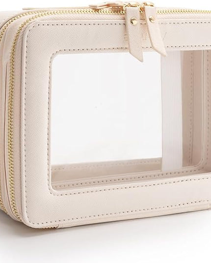 Aveniee Large Clear Makeup Bags, Double Layer Cosmetic Bags with Separate Brush Compartment, Travel Toiletry Bag Cosmetic Train Case, Travel Accessories Organizer for Women(2 Layers, White)