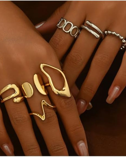 Chunky 14K Gold Plated Stackable Rings Set for Women,Vintage Knuckle Rings Dainty Hollow Carved Joint Finger Midi Rings Pack Adjustable Signet Mixed Size