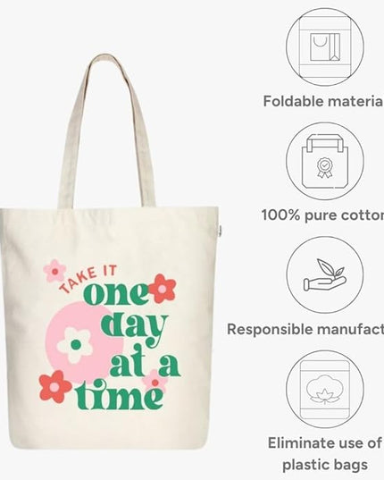 Ecoright Tote Bag for Women with Zipper, Small Tote Bag, Canvas Bag, Reusable Cotton Bag for Beach, Grocery, School & Work