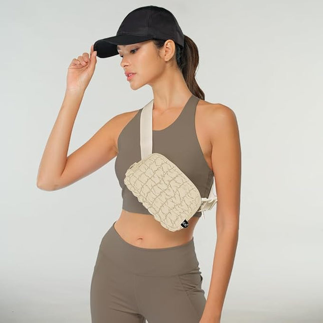 C.C Quilted Puffer Fanny Pack For Women Unisex - Daily Waist Crossbody Belt bag With Adjustable Strap (Beige)