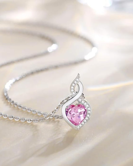 FANCIME 14K Solid White Gold Heart Birthstone Necklace with Diamond Pendent Birthday Gifts for Mom Women, Sterling Silver Chain 16" + 2" Extender