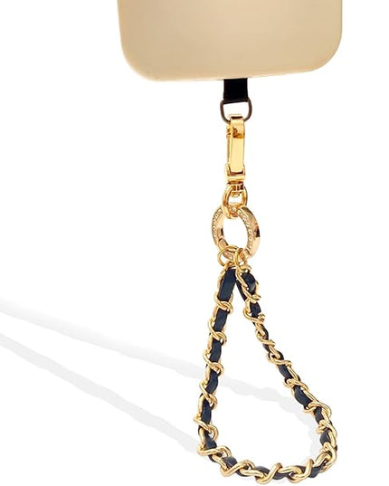 Phone Wrist Strap with Metal Chain Phone Lanyard Wrist with 2 Tether Tabs Metal Leather Cellphone Charm Phone Chain