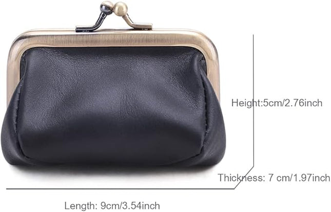 Plinvo Mini Genuine Leather Coin Purse for Women Vintage Kiss Lock Change Organizer Blue (Black)