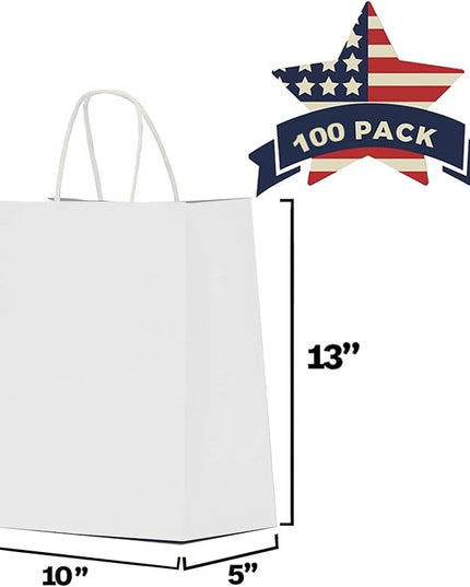 Qutuus 10x5x13 White Paper Gift Bags with Handles Bulk 100Pcs Kraft Paper Shopping Bags, Recyclable Paper Sacks, White Gift Bags for Retail, Merchandise, Business, Gifts