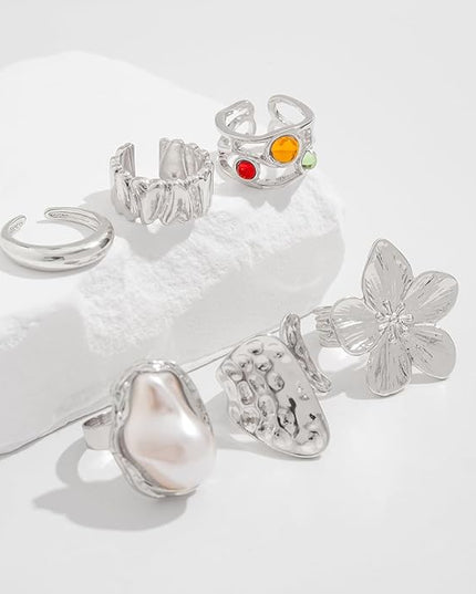 Rings for Women Adjustable Chunky Rings Set Vintage Wide Colorful Flower Stackable Ring for Women Thick Statement Ring Chunky Jewlery