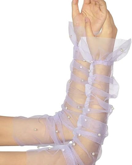Women's Long Bridal Wedding Tulle Glove Mesh Fingerless Gloves Pearl 1920 Opera Tea Party Sheer Gloves