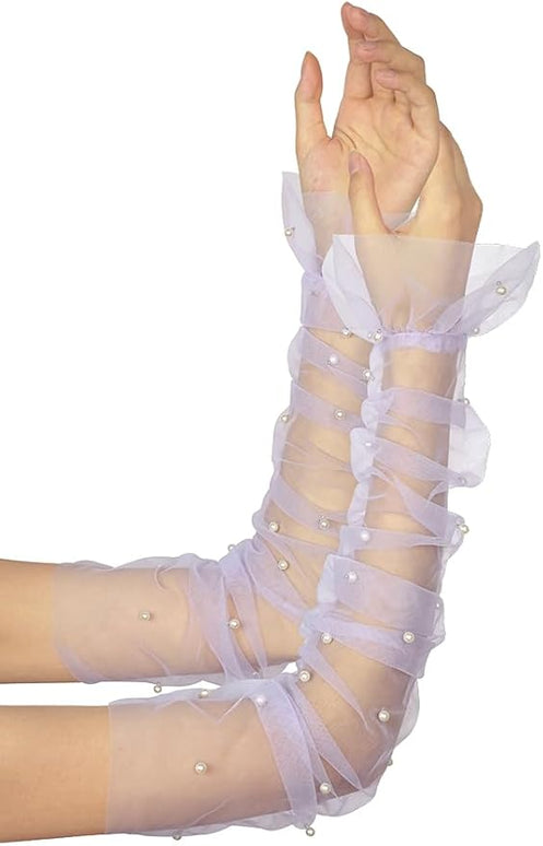 Women's Long Bridal Wedding Tulle Glove Mesh Fingerless Gloves Pearl 1920 Opera Tea Party Sheer Gloves