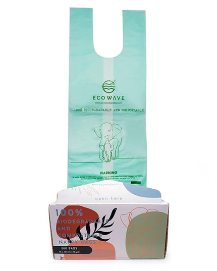 ECO WAVE Compostable Diaper Bags, 200 bags, ASTM D6400, EN 13432, US BPI and Europe OK Compost Home Certified Disposable Biodegradable Baby Poop Bags
