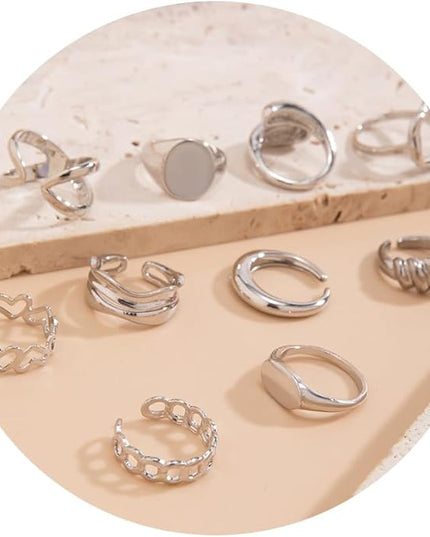 GiftInBox Gold Chunky Rings Set for Women Open Stacking Knuckle Ring Adjustable Round Dome Rings Set Minimalist Irregular Statement Women Ring Jewelry Gift