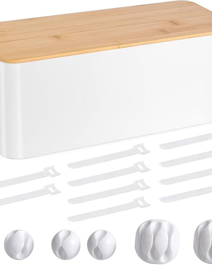 Cable Management Box - Wooden Style Cord Organizer Box to Hide Wires & Power Strips | Desk Computer Cable Organizer Box | Safe ABS Material | 12.6" (L) x 5.3" (W) 4.9" (H) | for Home & Office - White