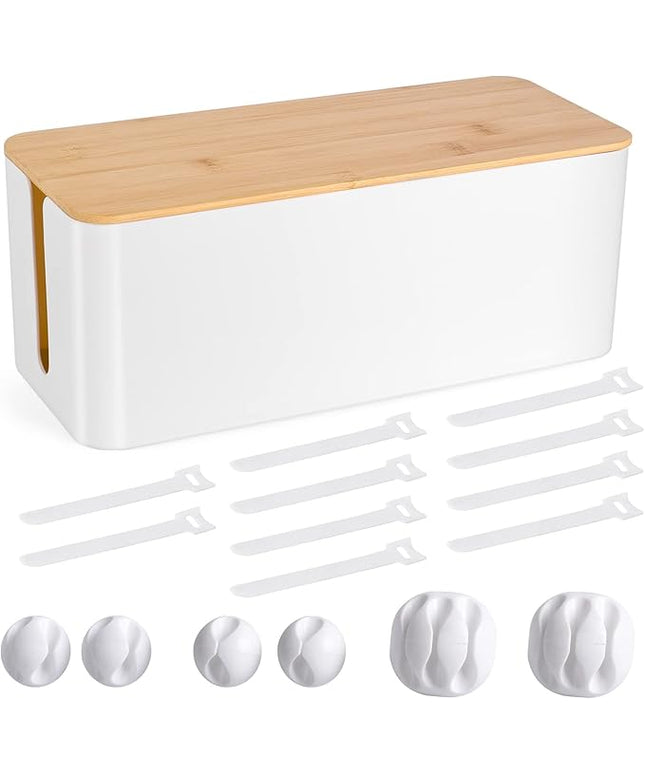 Cable Management Box - Wooden Style Cord Organizer Box to Hide Wires & Power Strips | Desk Computer Cable Organizer Box | Safe ABS Material | 12.6" (L) x 5.3" (W) 4.9" (H) | for Home & Office - White