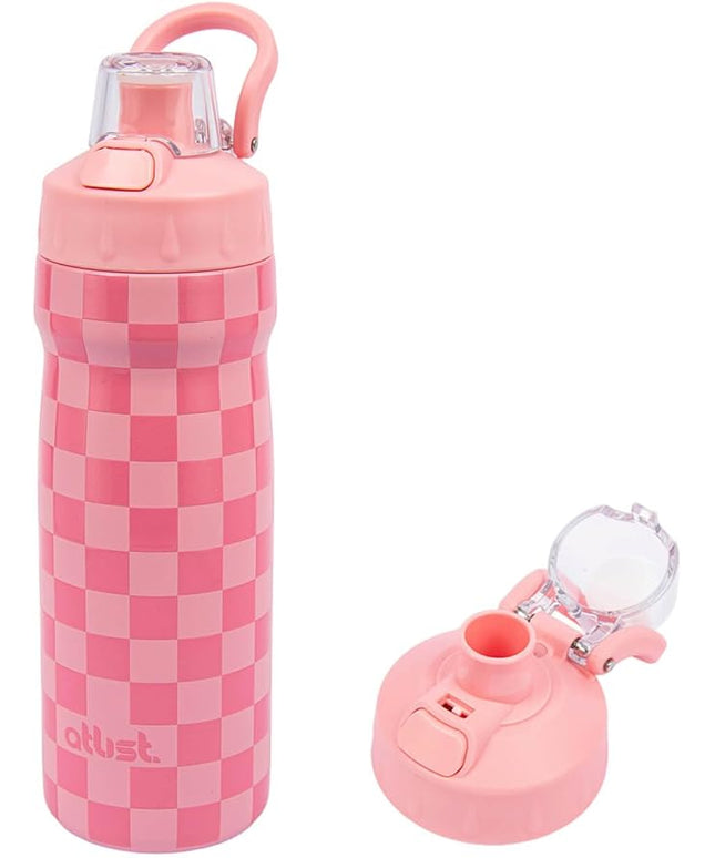 Magnetic Water Bottle with Straw 18 oz - Stainless Steel Insulated Tumbler for Gym & Bike (Fits Holders) - Leak Proof Pop-Up Lid, 2-in-1 Sip or Chug, Handle & Cute Pink Checkered Print