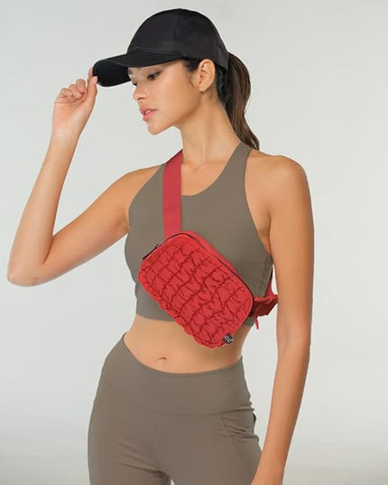 C.C Quilted Puffer Fanny Pack For Women Unisex - Daily Waist Crossbody Belt bag With Adjustable Strap (Red)