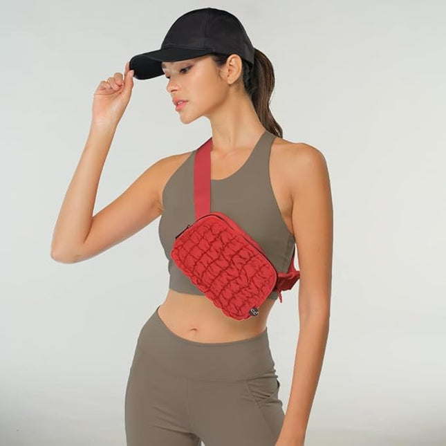 C.C Quilted Puffer Fanny Pack For Women Unisex - Daily Waist Crossbody Belt bag With Adjustable Strap (Red)