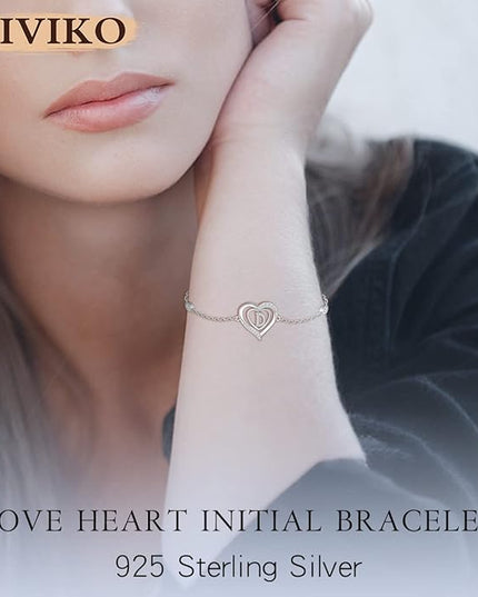 RIVIKO Heart Initial Bracelets for Women,925 Sterling Silver Letter Bracelets, Personalized Charm Alphabet Jewelry Valentines Christmas Mother’s Day Birthday Gifts for Women Friend Her Mom Wife Lady