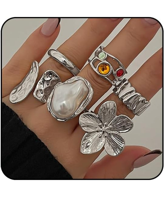 Chunky Gold Rings for Women Non Tarnish Statement Flower Ring Baroque Pearl Stackable Rings Set 6Pcs Chunky Jewelry