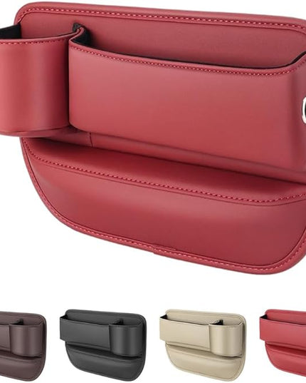 Car Leather Cup Holder Gap Bag,2025 Upgrade Car Storage Box with Cup Holder,Seat Storage Box Gap Filler Organizer for Glasses Phone Keys and Cards (Red, Driver's Seat)