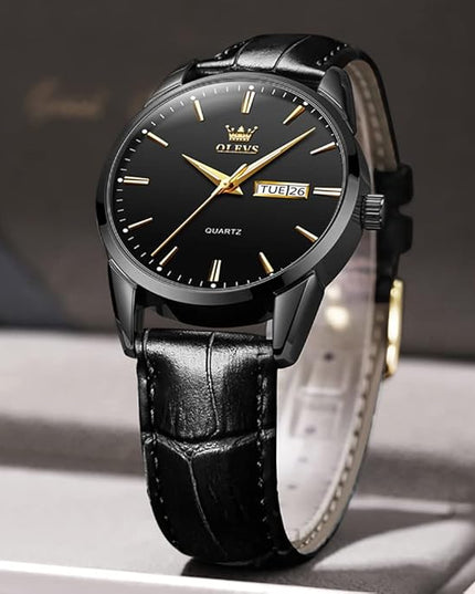 OLEVS Watches for Men Brown Leather Gold Case Analog Quartz Fashion Business Dress Watch Day Date Luminous Waterproof Casual Male Wrist Watches