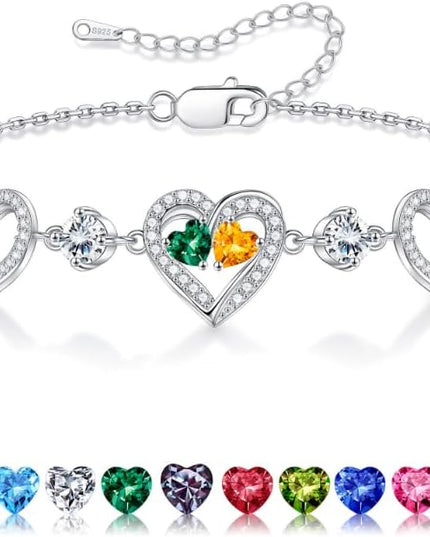 Iefil Valentines Day Gifts for Her - 925 Sterling Silver Heart Birthstone Bracelet Birthday Anniversary Jewelry Gifts for Her Wife