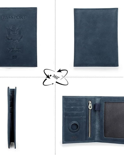 CONTACTS Full Grain Leather Passport Holder RFID Blocking Travel Passport Wallet Compatible with Airtag Passport Cover Case with 4 Card Slots, Coin Pocket (US Passport Stamp, Blue)