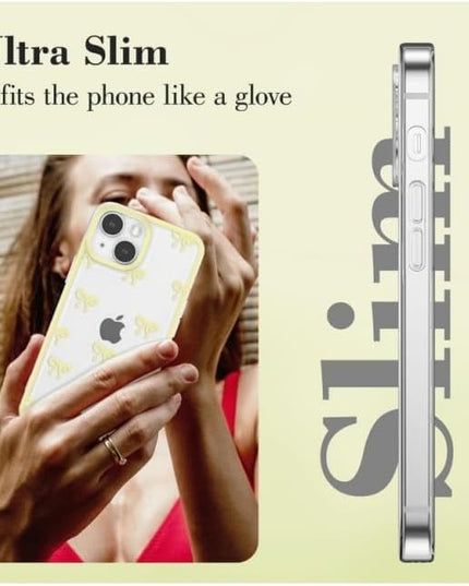 Designed for iPhone Case,Clear Cute Ribbon Bowknot Pattern Aesthetic Transparent Phone Case Raised Camera Protection Stylish Slim Soft Phone Case (Yellow,iPhone 12)