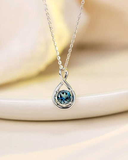 FANCIME 14K Solid Gold Birthstone Pendant with Sterling Silver Chain Infinity Gemstone Necklace Fine Jewelry Anniversary Birthday Christmas Gifts for Women Wife Her