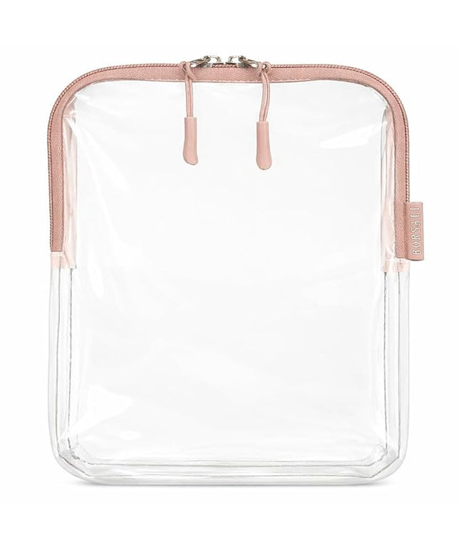 BORSALI TSA Approved Toiletry Bag - Clear Quart Size for 3-1-1 Carry On Travel - Makeup Organizer Cosmetic Pouch with Zipper - Travel Accessories - Taupe