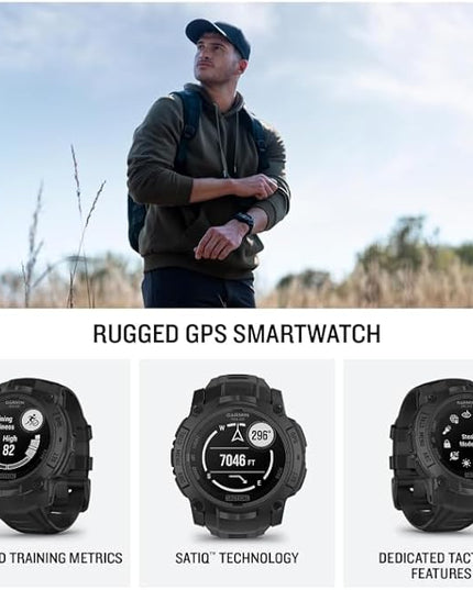 Wearable4U Garmin Instinct 3 Tactical Edition, Solar Charging Display, 45mm, Rugged Outdoor GPS Smartwatch, Applied Ballistics Support, LED Flashlight, Multi-Band GPS Black Earbuds Bundle
