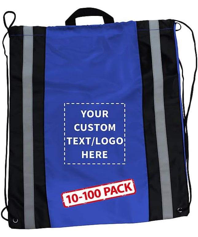DISCOUNT PROMOS Custom Classic Polyester Drawstring Backpack Set of 10/50/100, Personalized Bulk Pack - Great for Travelling, Gym and for Everyday Use - Blue