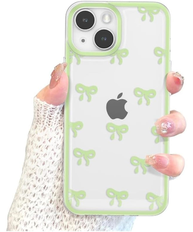 Designed for iPhone Case,Clear Cute Ribbon Bowknot Pattern Aesthetic Transparent Phone Case Raised Camera Protection Stylish Slim Soft Phone Case (Green,iPhone 13 Pro Max)