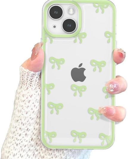 Designed for iPhone Case,Clear Cute Ribbon Bowknot Pattern Aesthetic Transparent Phone Case Raised Camera Protection Stylish Slim Soft Phone Case (Green,iPhone 12 Pro)