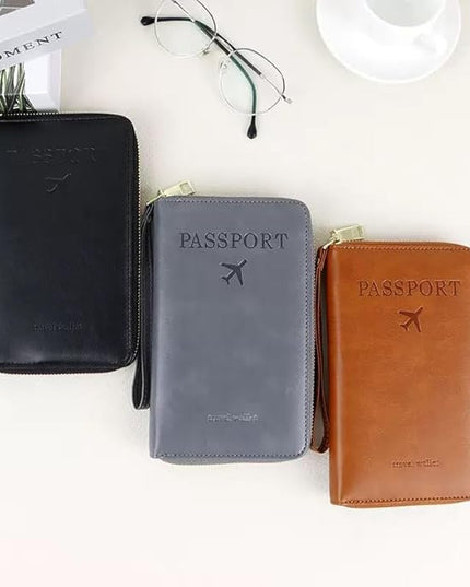 Multi-Functional RFID Passport Wallet,Travel Wallet for Men & Women,With zipper, anti-theft passport holder，Slim Leather Cover for Credit Cards, Tickets, Cash (Black)