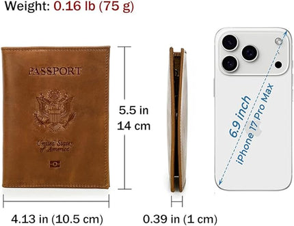 CONTACTS Full Grain Leather Passport Holder RFID Blocking Travel Passport Wallet Compatible with Airtag for Men and Women Passport Cover Case with 4 Cards Slots, Coin Pocket (Badge, Camel Brown)